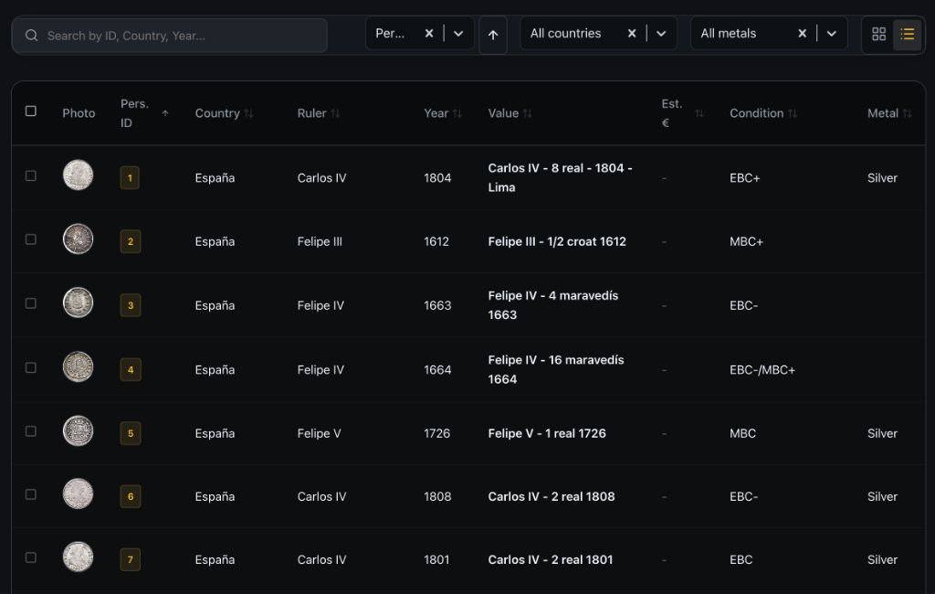 NumisManagerPro Search and Filter Interface