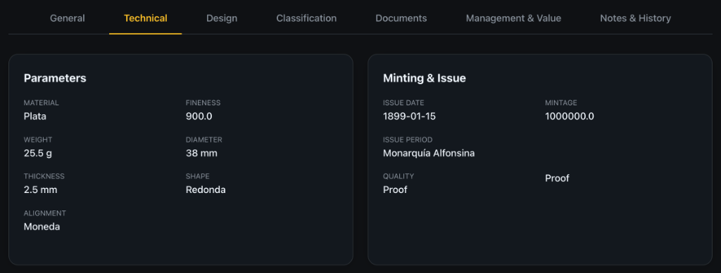 NumisManagerPro Classification and Technical Data